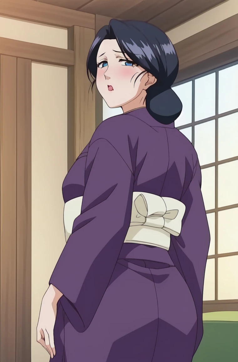 masterpiece, One girl, alone, good, Black Hair, View your viewers, blush, 笑face, Mouth closed, kimono,  , purple kimono , blue eyes, Huge Ass, Recall, chest, indoor, From behind, , sofa, , Mature Woman, , Ass Focus,, Browsing Caution,Official Art,非常に詳細な CG ユニティ 8K 壁紙, Perfect lighting,colorful, bright_front_face_Lighting, (masterpiece:1.0),(Highest_quality:1.0), 超High resolution,4K,Super detailed, photograph, 8K, High resolution, High resolution, Absurd:1.2, 400 for Kodak Port, Film Grain, Blurred Background, Bokeh:1.2, Lens flare, (Vibrant_color:1.2) , (beautiful_face:1.5),(narrow_Waist),
