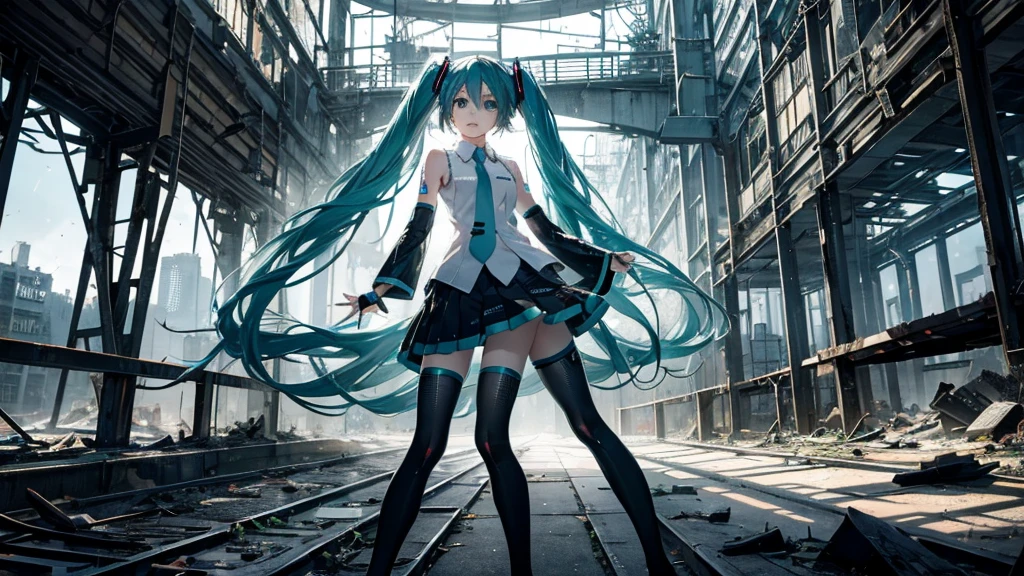 Hatsune Miku Stands Up、With falling sparks on the background of a ruined city、Heavy metal style cover image。