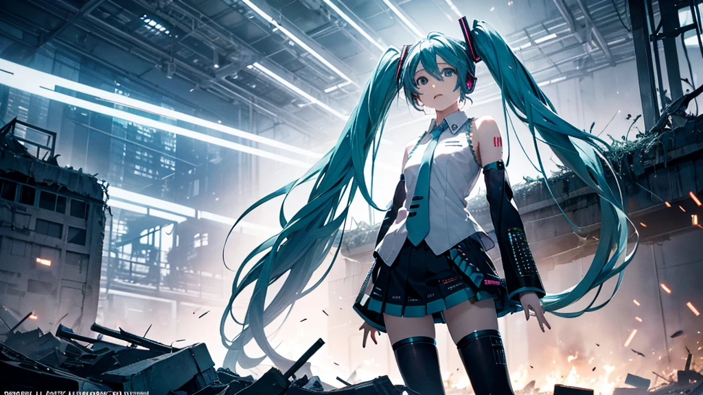 Hatsune Miku Stands Up、With falling sparks on the background of a ruined city、Heavy metal style cover image。