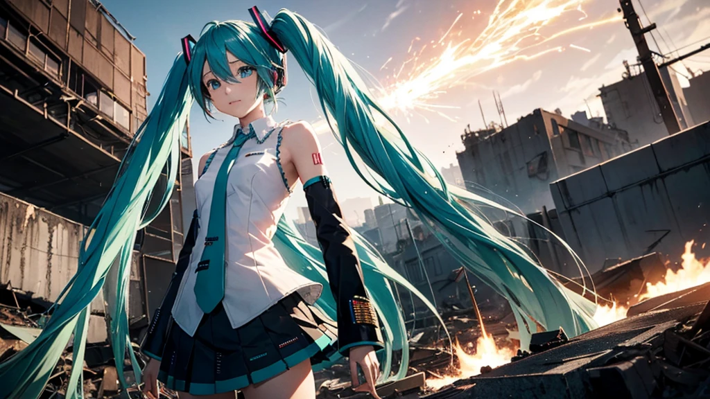 Hatsune Miku Stands Up、With falling sparks on the background of a ruined city、Heavy metal style cover image。