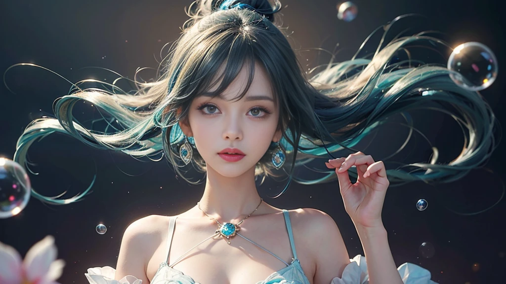 (masterpiece), (Highest quality), (Very detailed), (Disheveled Hair), (shape), (One Girl), (Fashionable clothes), Are standing, Fashion Model, Beholder, (interview), (Simple Background), Beautiful and beautiful eyes, Delicate and beautiful face, floating, (High chroma), (Colorful Splash), Colorful bubbles, (Shine), Focus on the face, ponytail, Light blue hair, bangs, Hair Ring, floating Flowers, floating Hairs, (The Shining), Best lighting, Best Shadow, Big, firm, swaying breasts