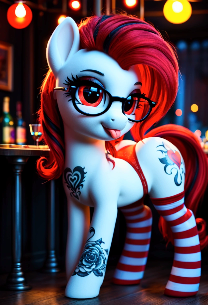 radiant lighting, vibrant colors, whimsical atmosphere, 8K, high resolution, highly detailed, masterpiece, (((my little pony))), four stockings, (red hair, white body, red eyes) cute face, tongue out, striped stockings, standing on four hooves, cool glasses, showing butt, ((a lot of tattoo on body:1.3)), goth style, ((sexy panties))