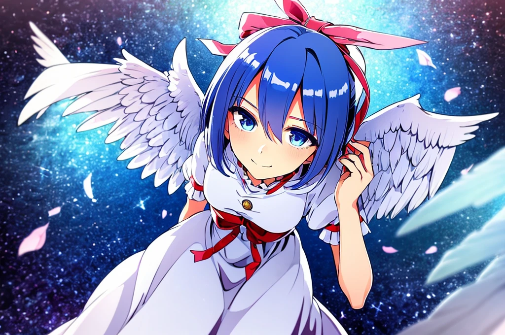 (best quality,4k,8k,highres,masterpiece:1.2), ultra-detailed, highly detailed texture, intricate details, high quality textures, A cute teenage angel with blue eyes, drawn in anime style, 1girl, , , , medium blue hair, hair flaps, pink ribbon on head, well-formed face, blue eyes, angel girl, white blouse, puffy short sleeves, red ribbon, angel wings, long white skirt, red shoes, frills, ribbon head, A pair of angel wings on the back