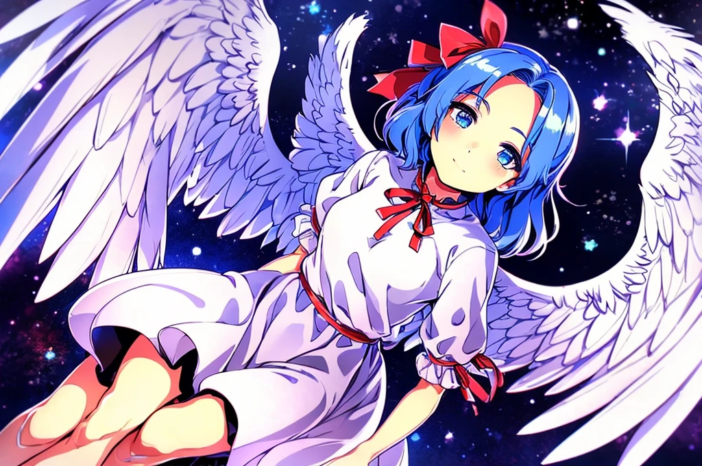 (best quality,4k,8k,highres,masterpiece:1.2), ultra-detailed, highly detailed texture, intricate details, high quality textures, A cute teenage angel with blue eyes, drawn in anime style, 1girl, , , 10 years old, medium blue hair, hair flaps, pink ribbon on head, well-formed face, blue eyes, angel girl, white blouse, puffy short sleeves, red ribbon, angel wings, long white skirt, red shoes, frills, ribbon head, A pair of angel wings on the back