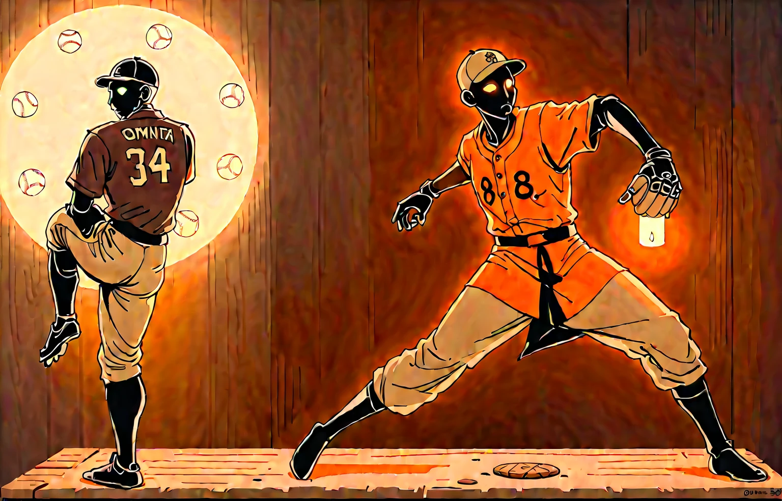 zenyatta, omnic monk, baseball pitcher, line drawing, minimal, sketch, wood palette color tones, warm wooden coloring, rich wooden color grading, natural sunlight, dim candlelight, low level neon glow hum,