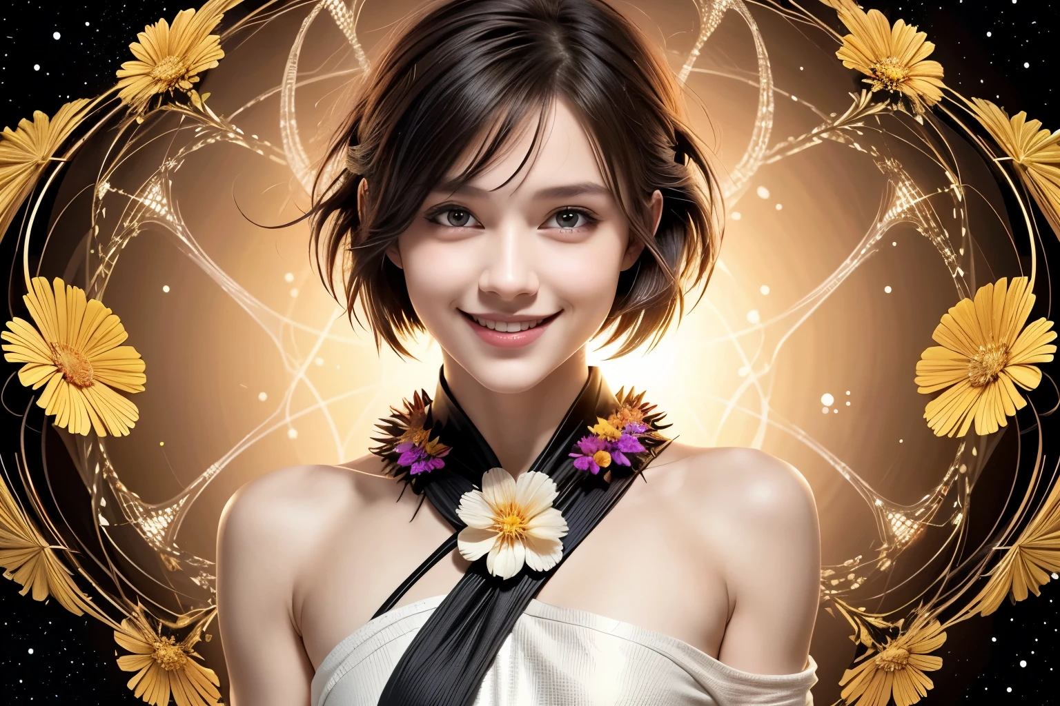 257 20-year-old female, (short hair),(Abstract background,Fractal Art), smile, flower