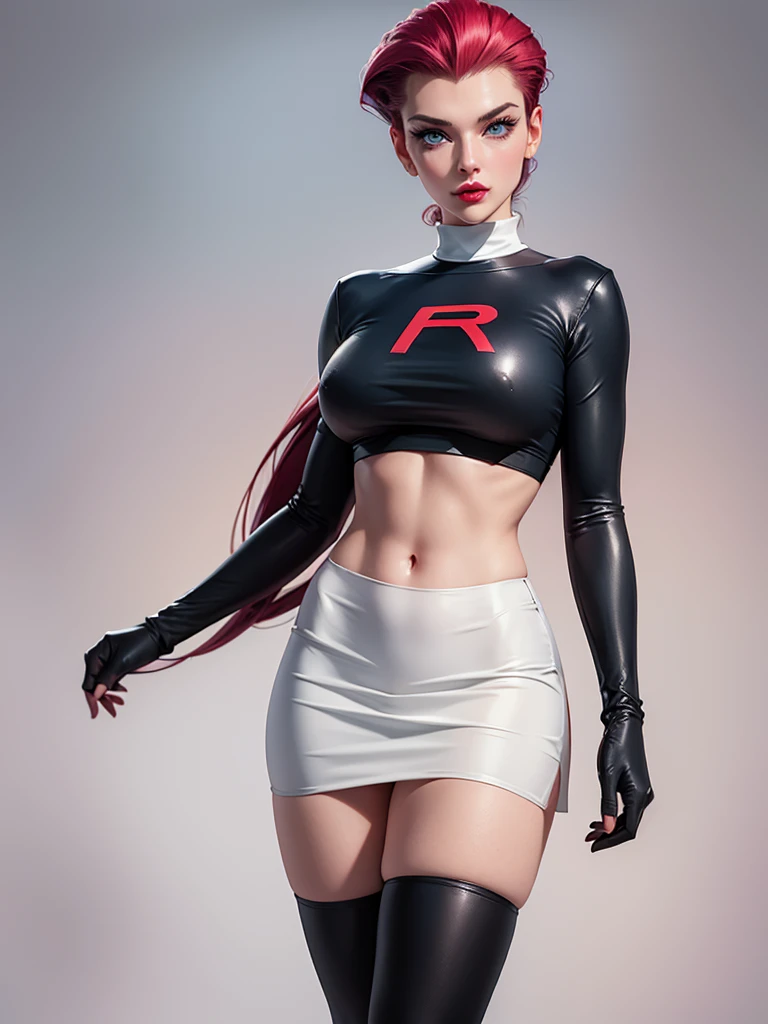 gorgeous girl in sexy standing, ((hair slicked back, long hair,)), large blue eyes, red lip gloss, perfect body, team rocket ,team rocket uniform ,white skirt,crop top,thighhighs,elbow gloves, masterpiece, highres, ((plain background:1.3))