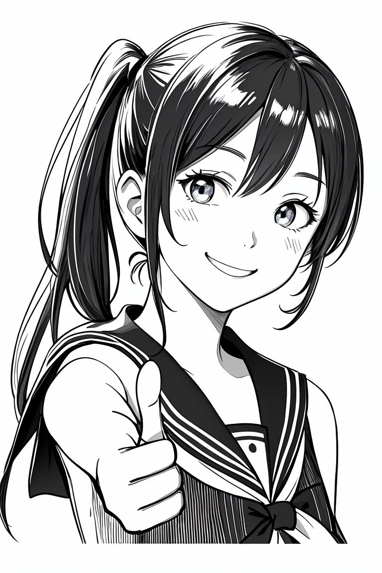 masterpiece,, One girl, alone, short, White Background, Monochrome, Line art, ((sketch))、Facing forward、Wearing a sailor uniform、smile、Giving thumbs up、Side ponytail hair、Winking