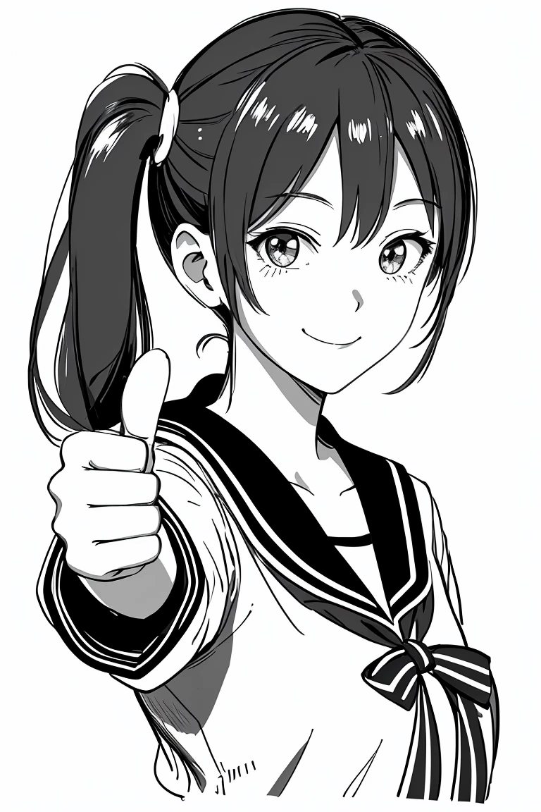 masterpiece,, One girl, alone, short, White Background, Monochrome, Line art, ((sketch))、Facing forward、Wearing a sailor uniform、smile、Giving thumbs up、Side ponytail hair、Winking