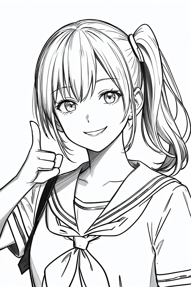 masterpiece,, One girl, alone, short, White Background, Monochrome, Line art, ((sketch))、Facing forward、Wearing a sailor uniform、smile、Giving thumbs up、Side ponytail hair、Winking