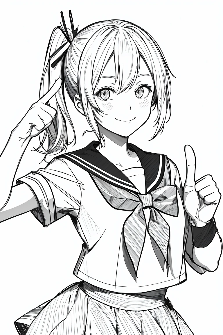 masterpiece,, One girl, alone, short, White Background, Monochrome, Line art, ((sketch))、Facing forward、Wearing a sailor uniform、smile、Giving thumbs up、Side ponytail hair、Winking