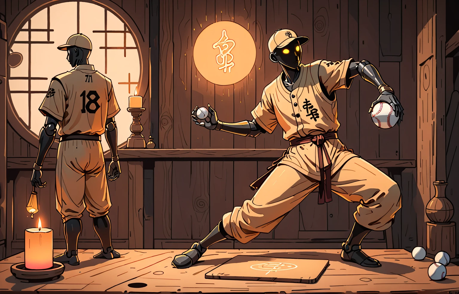 zenyatta, omnic monk, baseball pitcher, line drawing, minimal, sketch, wood palette color tones, warm wooden coloring, rich wooden color grading, natural sunlight, dim candlelight, low level neon glow hum,