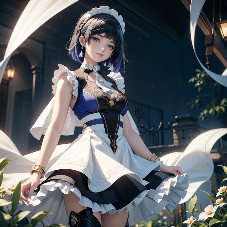 1girl, white maid dress, jewelry, navy hair, flowing hair, ornament hair, short hair, maid dress with a short skirt with layers, frills, white laces, black boots, white dress with transparency, gold details on her clothes, lake scene, waterfall, more details, perfectly body, perfectly hands, two hands, two legs, two arms, five fingers, glowing hair, best quality, garden scenery, smiling, glowing eyes, standing her hand to a viewer, looking at the viewer, cowboy shot, upper body portrait, more details, sparkle, night