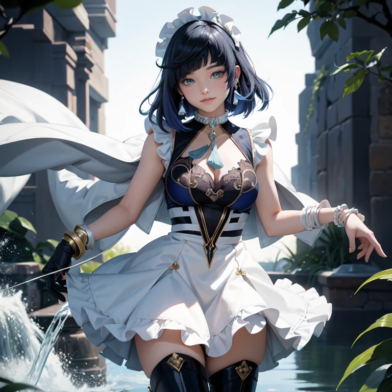 1girl, white maid dress, jewelry, navy hair, flowing hair, ornament hair, short hair, maid dress with a short skirt with layers, frills, white laces, black boots, white dress with transparency, gold details on her clothes, lake scene, waterfall, more details, perfectly body, perfectly hands, two hands, two legs, two arms, five fingers, glowing hair, best quality, garden scenery, smiling, glowing eyes, standing her hand to a viewer, looking at the viewer, cowboy shot, upper body portrait, more details, sparkle, night