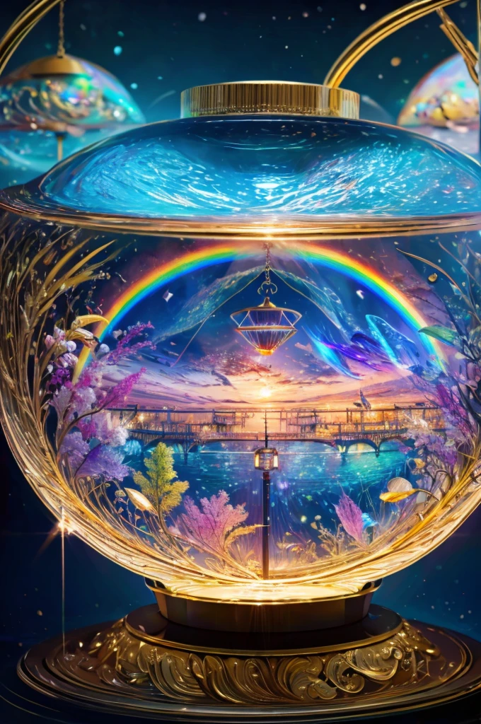 masterpiece、Highest quality、(A very delicate and beautiful rainbow-colored wind chime trapped in a bottle)、World Masterpiece Theatre、High-resolution equirectangular projection、Highest quality、Consciousness upward、Material、canvas、Oil、realism、Realistic,wonderful景色,An atmosphere full of dreams and hope,masterpiece.16K, Ultra-high resolution, Ultra-high resolution, to be born,wonderful ,future、Iridescent、The world 30 years from now。