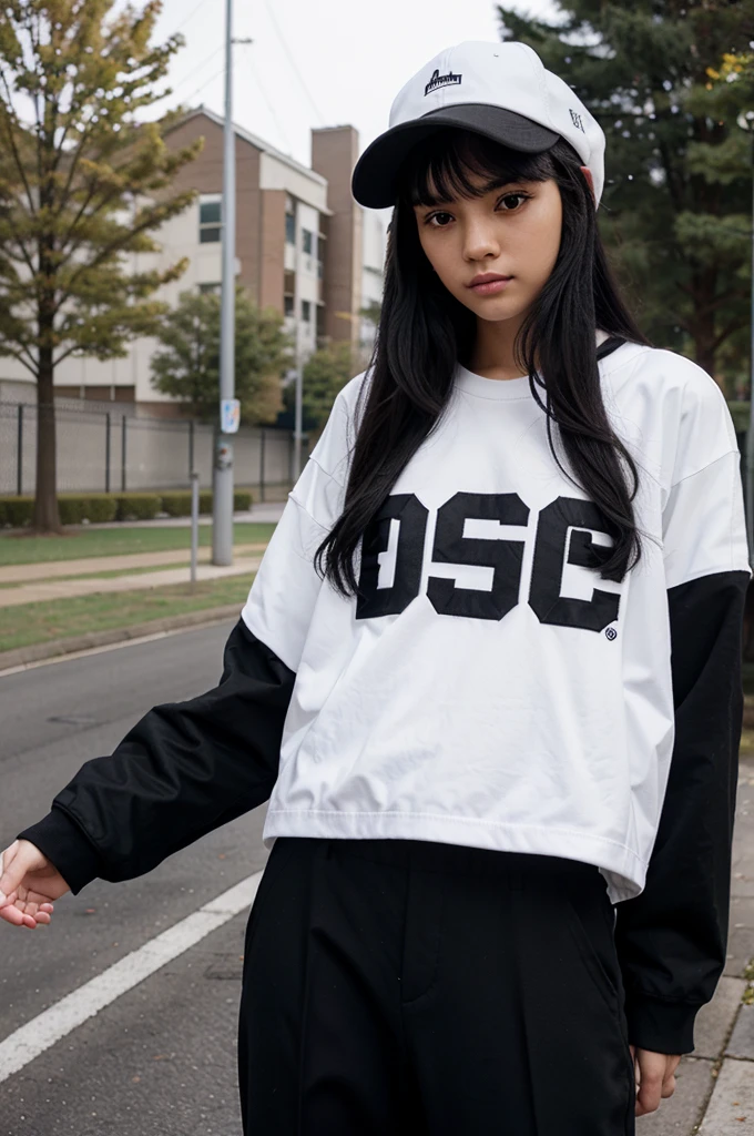 black hair, wearing a black long-sleeved heater, wearing a white hat and wearing a high school shirt and high school pants