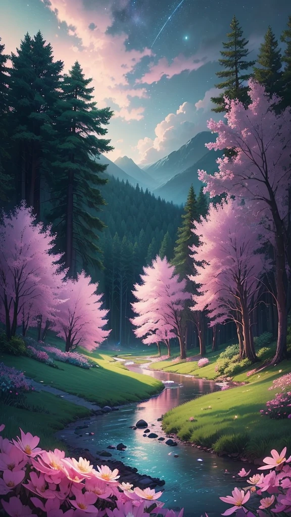 (magical pretty night sky green stream overlay scene), (sky), (clouds), soft lighting, clean background, beautiful scenery, masterpiece, high quality, beautiful graphics, high detail, epic scenery, garden, flowers, clouds, (night starry sky, river behind, huge old trees behind, falling glowing pink petals behind)