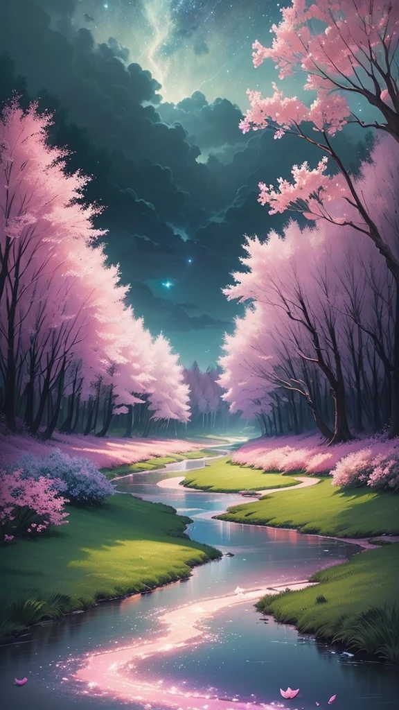 (magical pretty night sky green stream overlay scene), (sky), (clouds), soft lighting, clean background, beautiful scenery, masterpiece, high quality, beautiful graphics, high detail, epic scenery, garden, flowers, clouds, (night starry sky, river behind, huge old trees behind, falling glowing pink petals behind)