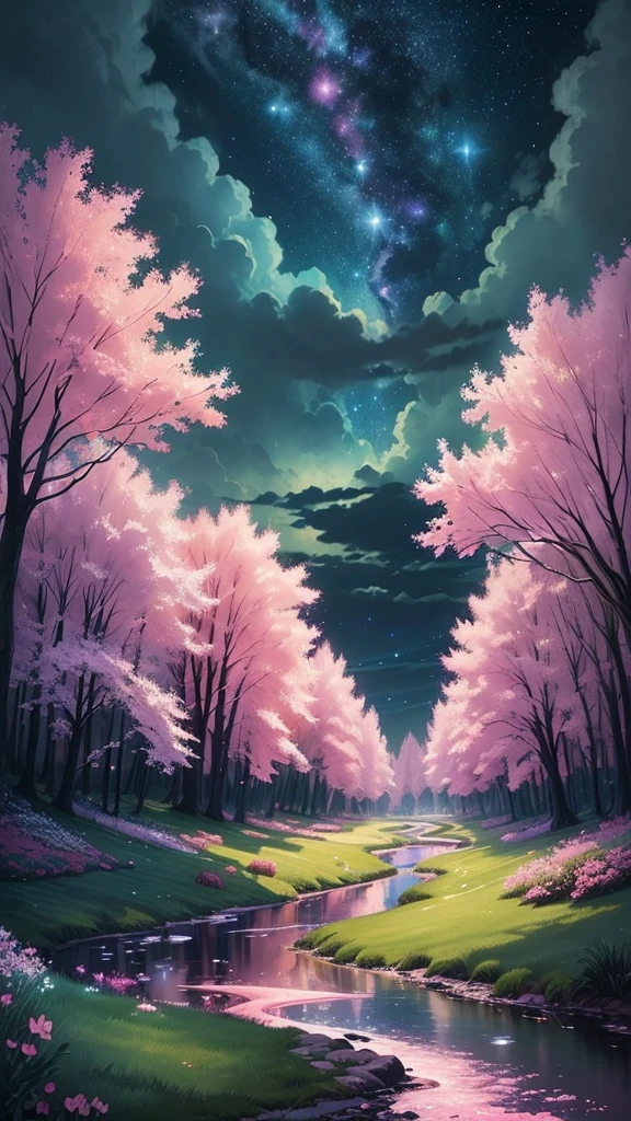 (magical pretty night sky green stream overlay scene), (sky), (clouds), soft lighting, clean background, beautiful scenery, masterpiece, high quality, beautiful graphics, high detail, epic scenery, garden, flowers, clouds, (night starry sky, river behind, huge old trees behind, falling glowing pink petals behind)