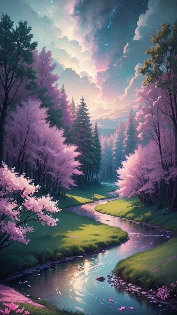 (magical pretty night sky green stream overlay scene), (sky), (clouds), soft lighting, clean background, beautiful scenery, masterpiece, high quality, beautiful graphics, high detail, epic scenery, garden, flowers, clouds, (night starry sky, river behind, huge old trees behind, falling glowing pink petals behind)