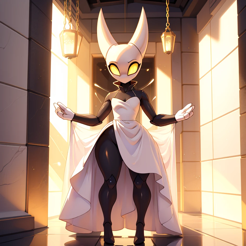 (masterpiece), ((perfect anatomy)), (high Res), (4k), hornet, ((insectoid)), ((segmented body)), ((insect body parts)), (((white head))), 3 fingers(index, middle and thumps), (((yellow glowing eyes))), flat chest, wide hips, black body, ((((white head)))), (((white full body royal dress)), (((solo))), narrow waist, (cute artstyle), ((mind controlled)), ((brainwashed)), standing inside a white throne room