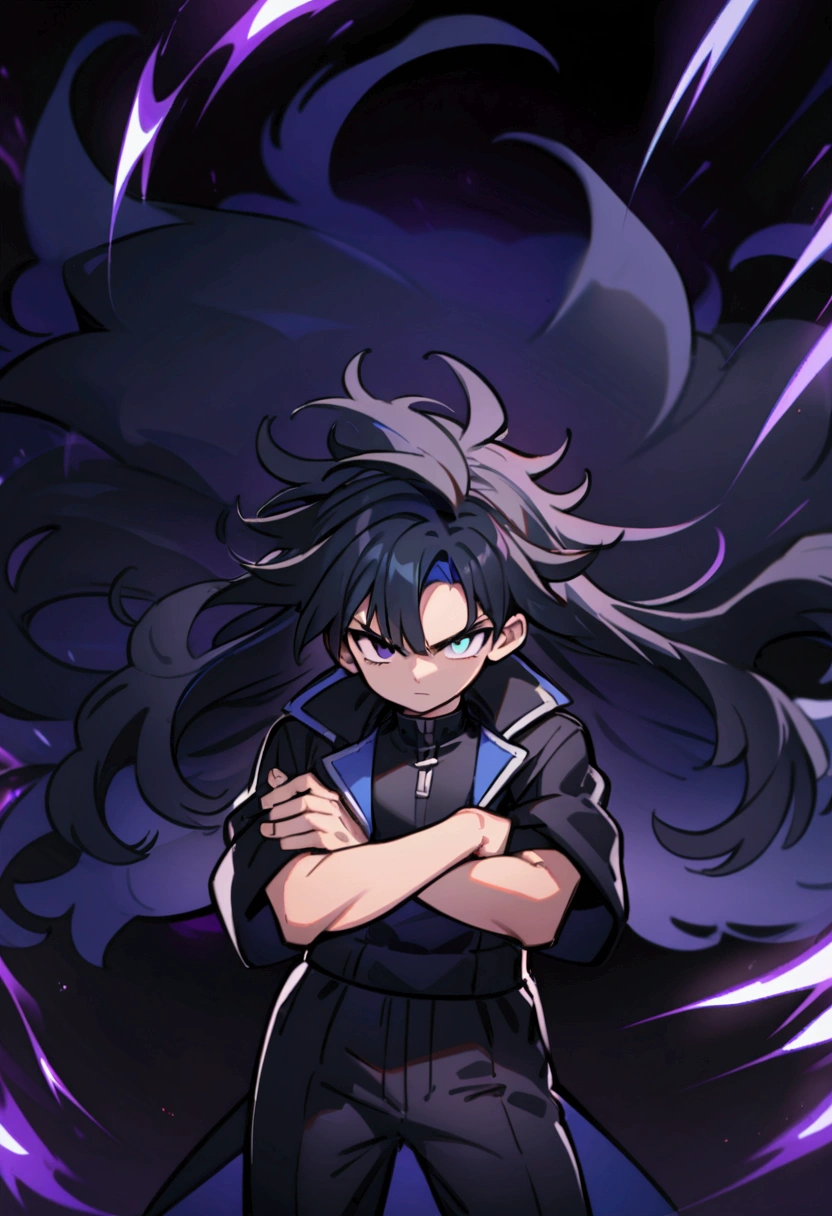 Teenage boy, Messy hair, long hair, multicolored blue and black hair, crossed arms, blue and black eyes, heterochromia, Simple smile, serious face, black jersey, dark blue detailed and wide short-sleeved overcoat, detailed black pants, electric aura around the character, 