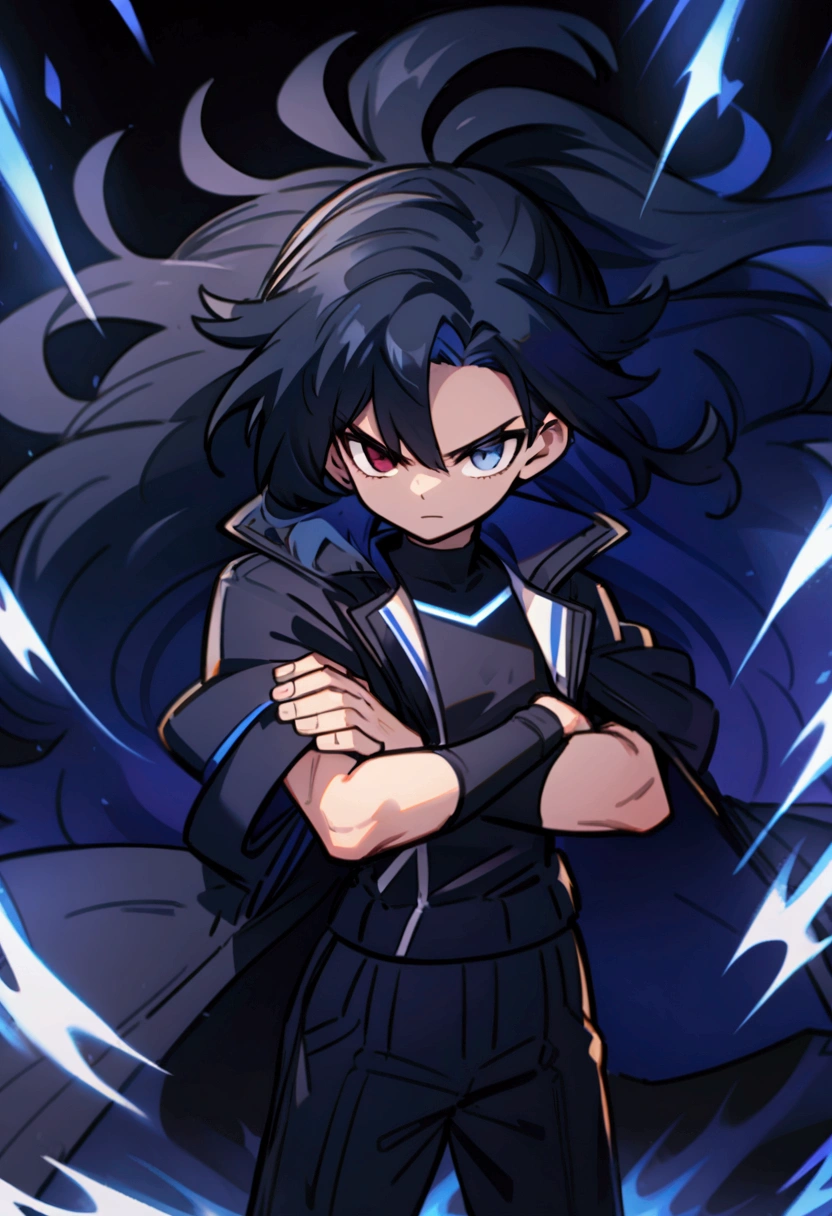 Teenage boy, Messy hair, long hair, multicolored blue and black hair, crossed arms, blue and black eyes, heterochromia, Simple smile, serious face, black jersey, dark blue detailed and wide short-sleeved overcoat, detailed black pants, electric aura around the character,
