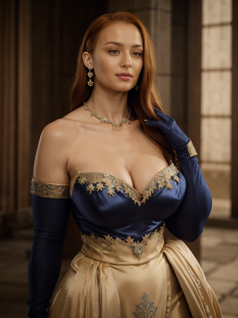 Face of Sophie Turner Sansa Stark played by Sophie Turner, the de facto Lady of the Eyrie, is a 40-year-old mature queen with a stunning, alluring appearance(hair over one eye). Regally standing amongst ugly elderlymen senior councilmen with robust build. Full Face, Full figured woman, pierced eyes, reddish lips, (half body shot:1.2), erotic Mediaeval lewd off-the-shoulders sleeveless costumes, game of thrones costumes, satin-silken regal gloves, decorated jewelries befitting for regal noble lady, [She wears a Game of Thrones-inspired off-the-shoulders sleeveless costume and has a deep cleavage plunging neckline with heavy mommy milkers], a perfect thick body, and a perfect fleshy thick figure. Thick fleshy arms. Naturally heavy mommy milkers. Perfectfully sculpted collarbones. [arm behind my head]. Surrounded by elderly councilmen. Body worships. The photograph captures DSLR shot, with her skin texture and facial features being ultra-realistic and realistic. Juicy thick figure, high quality skin, Skin pores, amazing details, snow, snow flakes, semi realistic, extremely detailed eyes, dark moody orange and black settings, cool environment, artificial intelligence