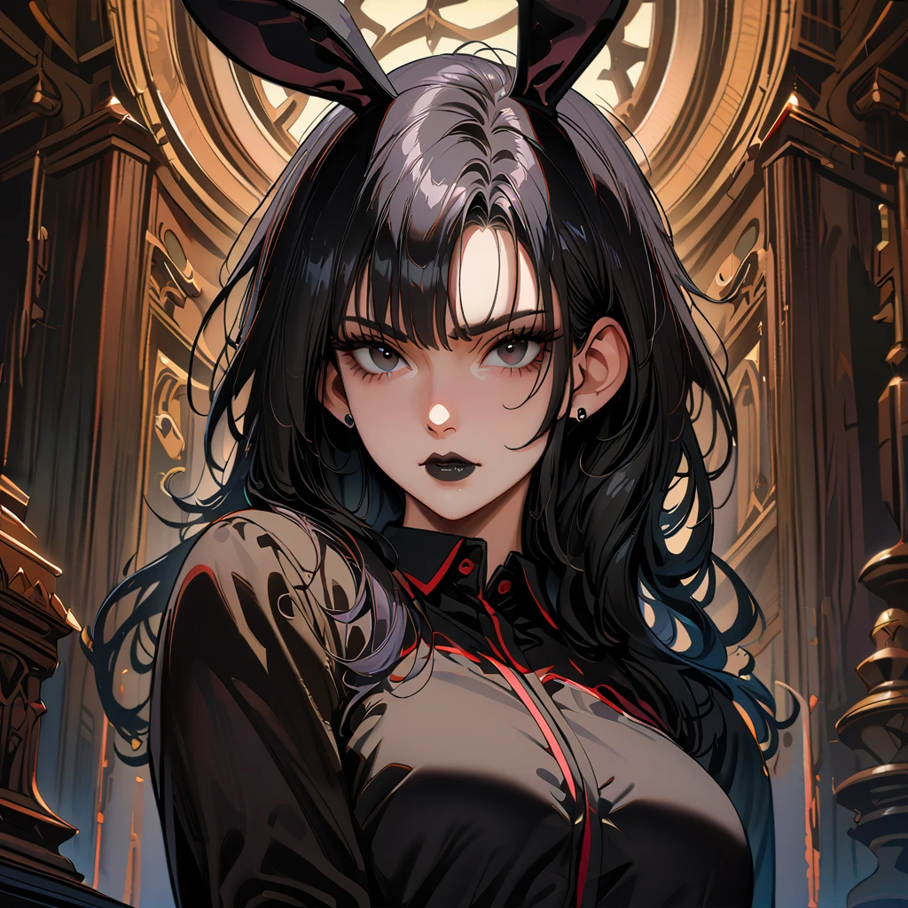(high quality, 8k, 4K, high contrast, artwork:1.2, high quality, best aesthetics), (centered), ((1 woman)), erotic, sensual, mature body, super detailed, beautiful face detailed, beautiful eyes detailed, detailed beautiful mouth, perfect breats, (long wavy black hair), (black eyes), (serious expression), (piercing gaze), (looking at viewer), (black lipstick), (black casual clothes), (front view), (standing), (black rabbit ears), (close-up), (focus on face), (face framed)