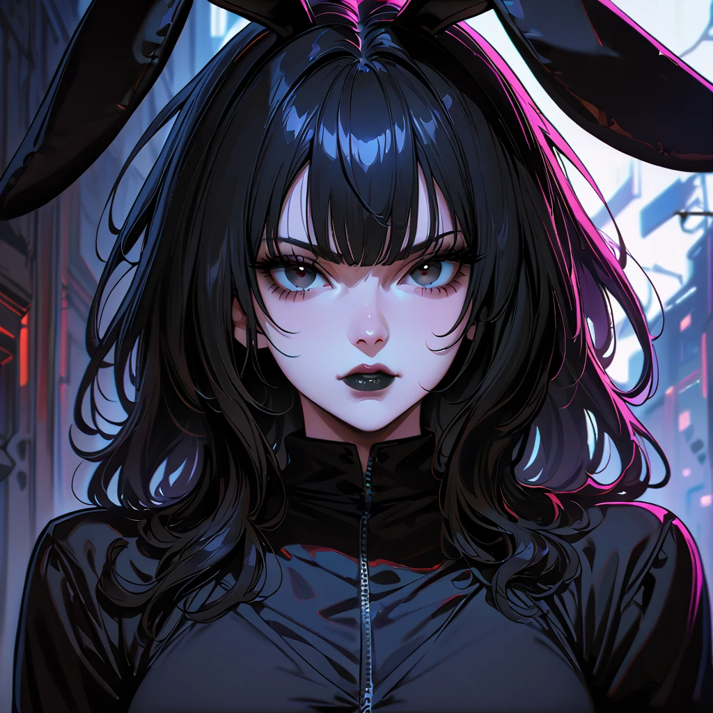 (high quality, 8k, 4K, high contrast, artwork:1.2, high quality, best aesthetics), (centered), ((1 woman)), erotic, sensual, mature body, super detailed, beautiful face detailed, beautiful eyes detailed, detailed beautiful mouth, perfect breats, (long wavy black hair), (black eyes), (serious expression), (piercing gaze), (looking at viewer), (black lipstick), (black casual clothes), (front view), (standing), (black rabbit ears), (close-up), (focus on face), (face framed)