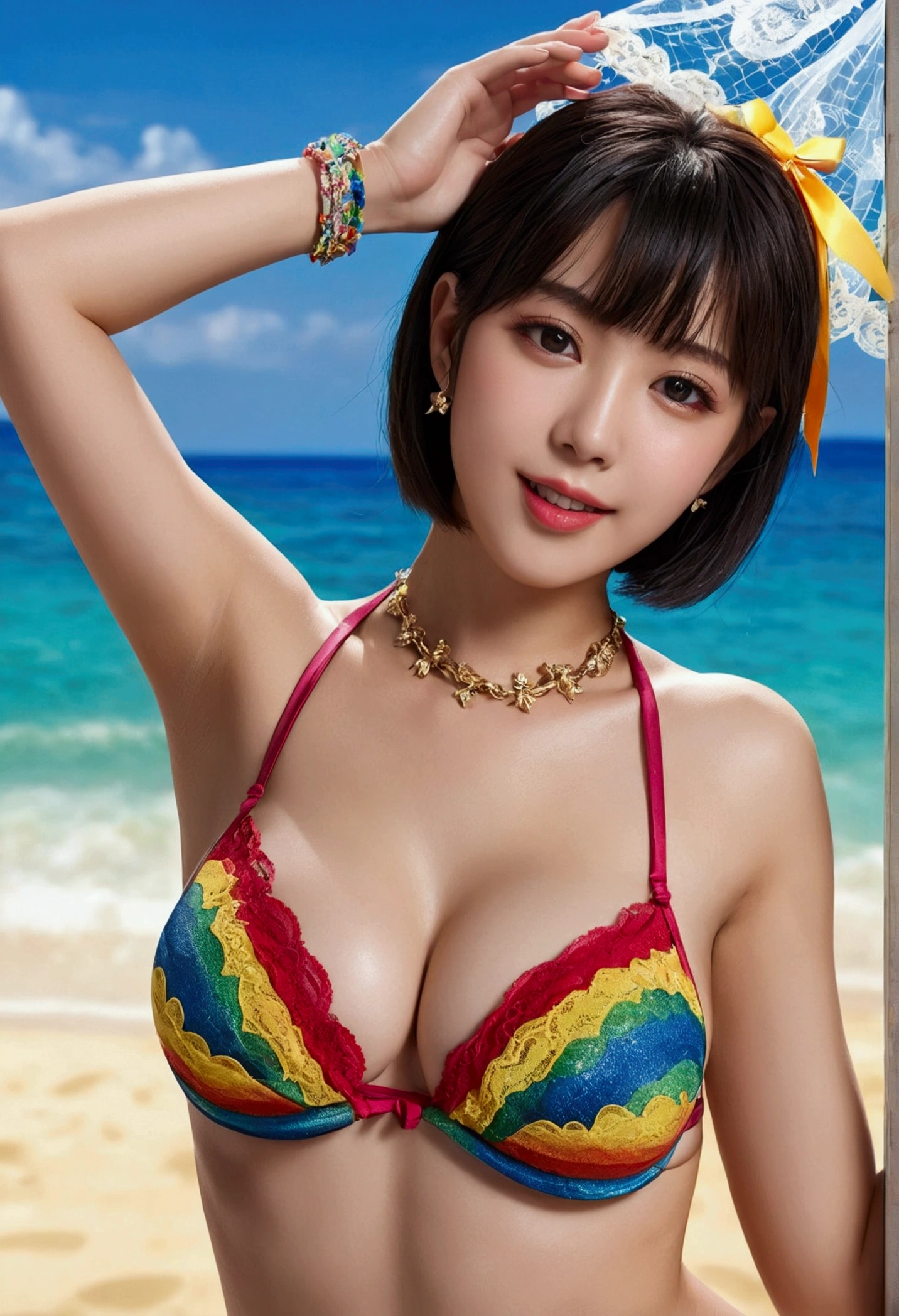 (((Very heavy chest))),Browsing Caution, 16k raw photos, Highest quality, masterpiece, Ultra-high resolution, ((A revealing rainbow-colored micro bikini)).movie, 1 Girl,((Attractive look)),Eyes sparkling、 Looking at the audience, 自然な肌の質感Very heavy chest))),((( Metallic red ribbon around neck))).Star Handle、((Yellow Eyes)),Realistic eye and facial details, Lip, Lipstick Makeup), Short hair Short bob hair, Laughter, 美feet, Tall Woman, ((Glowing Skin)),((美しいUnderarm)), slim_feet, Huge breasts, Cleavage、(Detailed Background,Highly revealing, Huge breasts, Blurred Background,, JK ribbon around the neck, bracelet, water, bangs, Split Lip、Underarm、Beautiful hip line、Glowing Skin、(((Eyes sparkling brightly))),Lotion Skin、High Leg、((Black Hair)),Highly revealing、Beautiful floral photo studio background、Wind effects、Fine lace veil、((Micro bikini with a very small area)),Open your thighs,Shortcuts、braid one's hair、Professional Lighting、