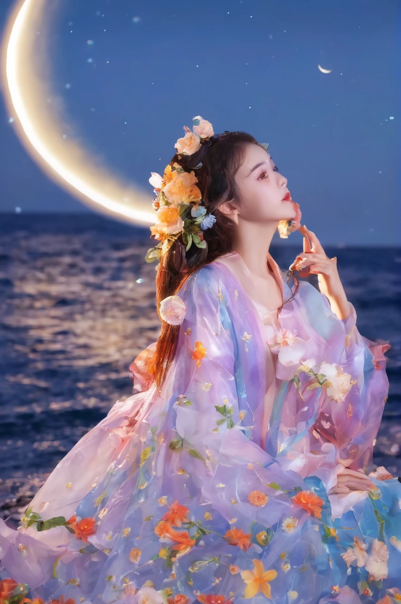 high resolution, 8K, ridiculous 1girl, moon, ocean, flower, 