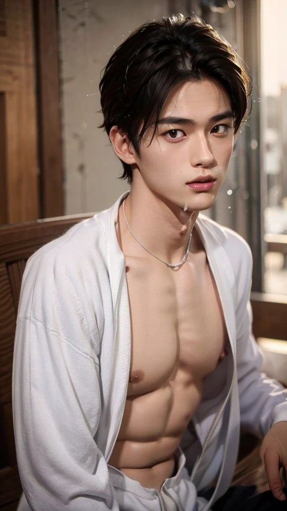 Handsome Japanese male model Black Hair Beautiful Skin Slim and muscular face shoulder, nude, Cum on chest and stomach, Photo slightly subtracted 童faceでカメラを見る no background Upper body