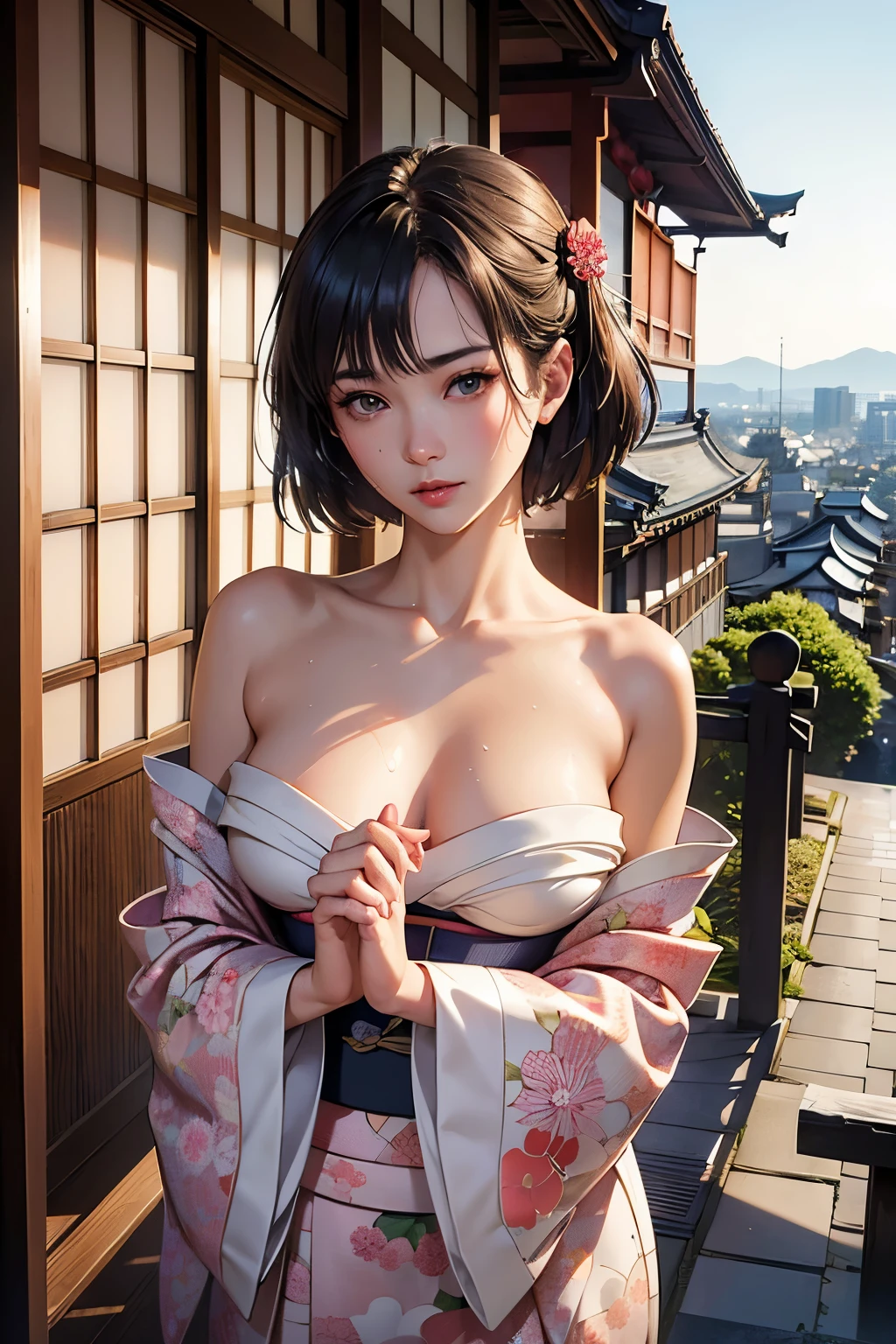 (((Japanese women、Beautiful Face、Ultra-Realistic Skin、Fine skin、Short Hair、18-year-old、Slender body、Beautiful breasts、kimono)))((masterpiece、Very high quality、Increase saturation and contrast、Overall Details、Perfect Anatomy))(Very detailed costume drawing、Detailed face drawing、Beautiful breasts、Delicate limbs)((Moist eyes、Seductive expression、Sweat))(Graceful pose、whole body)(((background：Kyoto cityscape)))(Highly detailed CG 8K wallpaper), (Extremely delicate and beautiful)(Highest quality:1.0), (Ultra-high resolution:1.0)