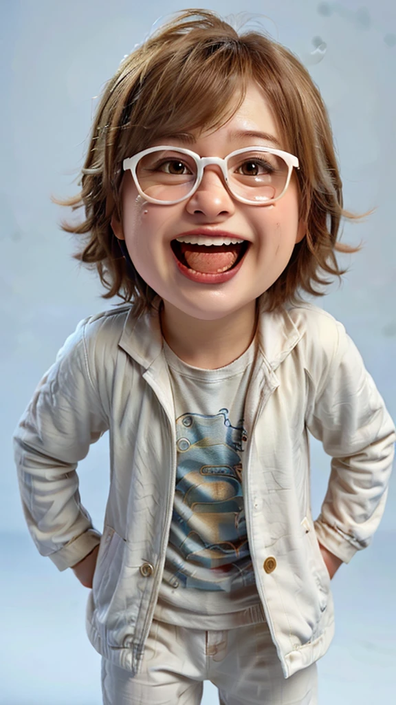 a cartoon boy with glasses and a white coat is screaming on a blue background 3d illustration royalty illustration, excited expression, 3 d cartoon, animation character, cute cartoon character, laughing hysterically, laughing, some are crying of joy, he is screaming, 3d animated, 3 d animated, cute 3 d render, he is very happy, accurate depiction, excited