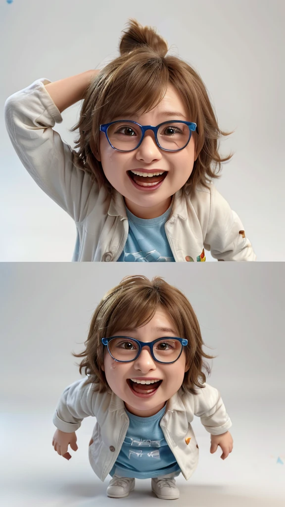 a cartoon boy with glasses and a white coat is screaming on a blue background 3d illustration royalty illustration, excited expression, 3 d cartoon, animation character, cute cartoon character, laughing hysterically, laughing, some are crying of joy, he is screaming, 3d animated, 3 d animated, cute 3 d render, he is very happy, accurate depiction, excited