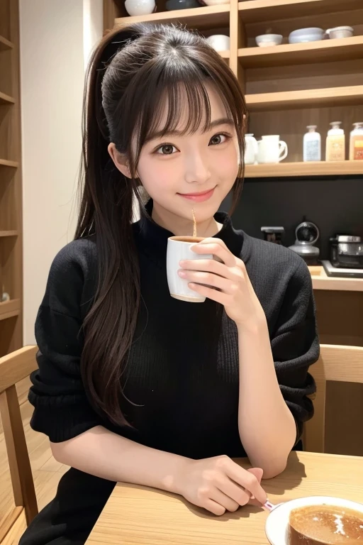 Produce the highest quality and highest resolution 8K images。Please draw the upper body of a 20 year old Japanese woman.。Please draw an image of someone relaxing while drinking tea in a stylish coffee shop.。She has brown eyes and a model-like figure、She has an idol-level cute face.。The hair is in a ponytail。she、I'm smiling at the camera。
