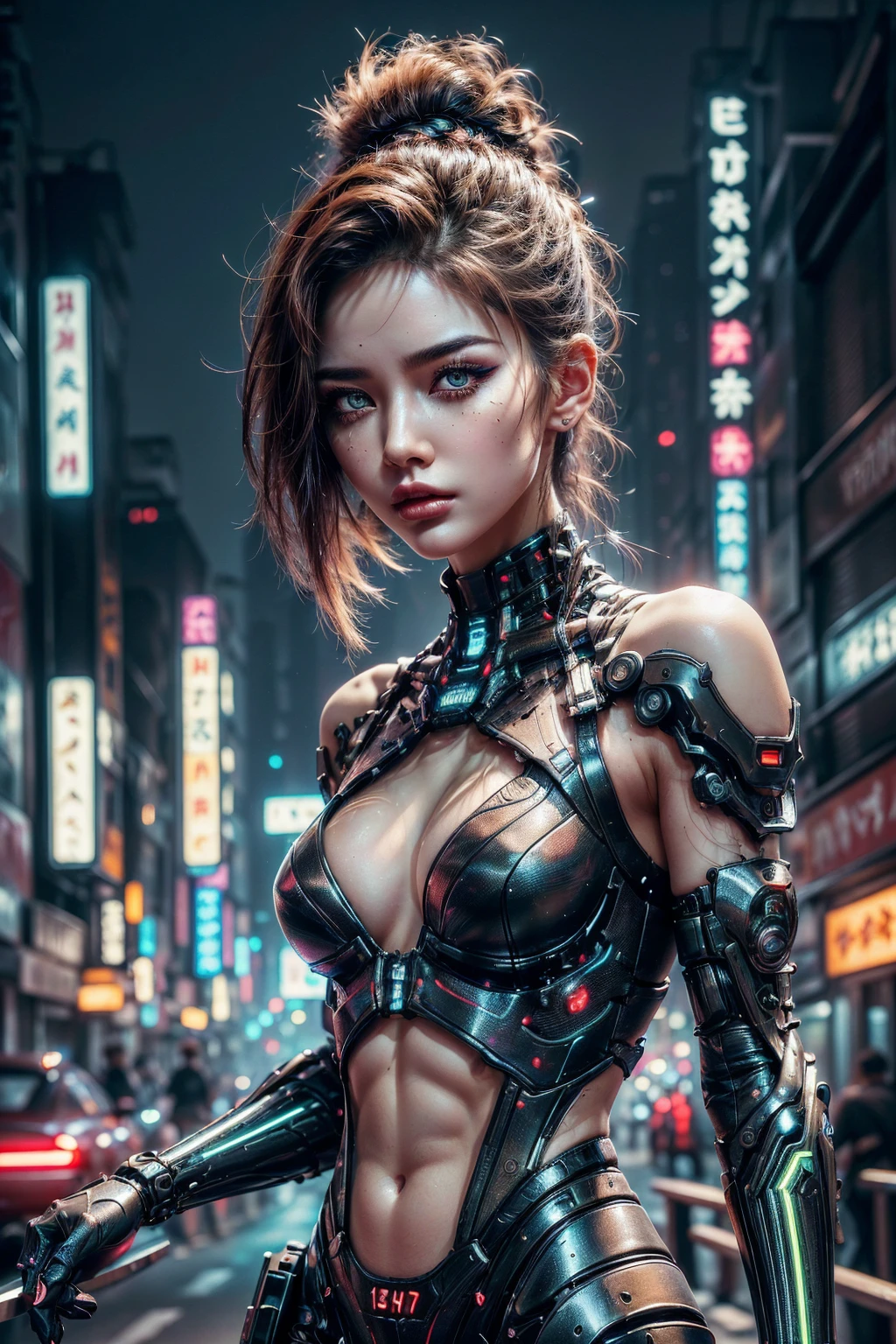 1 Cyberpunk girl, cowboy shot, NSFW,  futuristic, mechanical aesthetics, complex machinery, high-tech futuristic Cyberpunk city in the background, virtual engine 5, cinematic lighting.