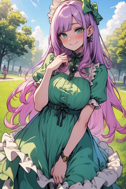 Perfect face. Perfect hands. A light purple haired woman with green eyes with an hourglass figure and long hair in a frilly summer dress is smiling in the park with a blush