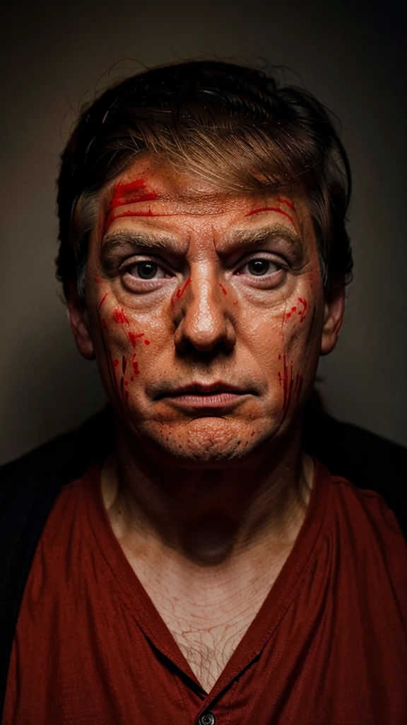 Scared president Donald Trump. dark-red paint on his face