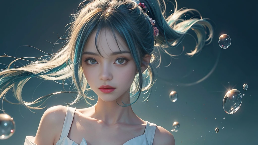 (masterpiece), (Highest quality), (Very detailed), (Disheveled Hair), (shape), (One Girl), (Fashionable clothes), Are standing, Fashion Model, Beholder, (interview), (Simple Background), Beautiful and beautiful eyes, Delicate and beautiful face, floating, (High chroma), (Colorful Splash), Colorful bubbles, (Shine), Focus on the face, ponytail, Light blue hair, bangs, Hair Ring, floating Flowers, floating Hairs, (The Shining), Best lighting, Best Shadow, Big, firm, swaying breasts