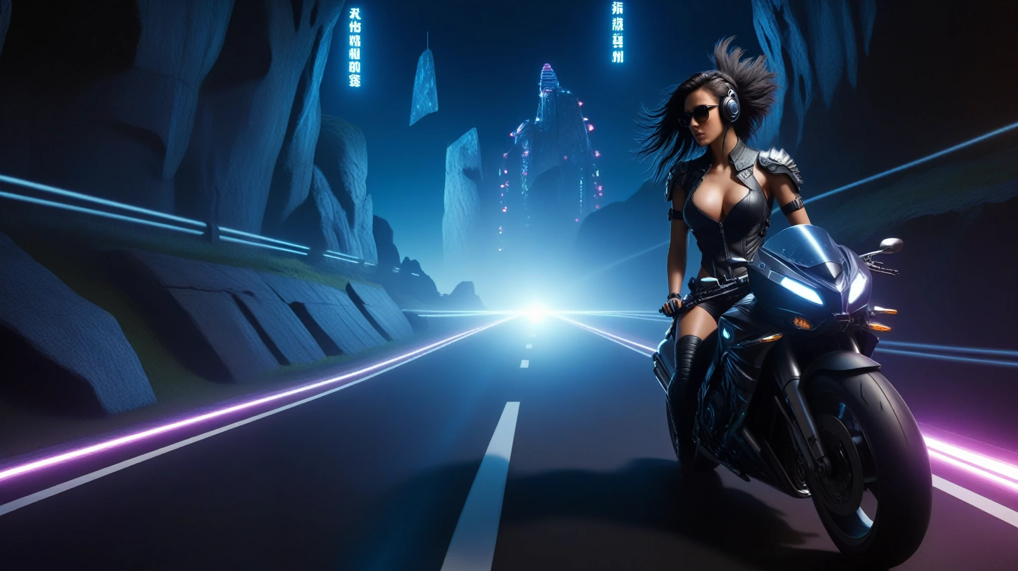 C7b3rp0nkStyle, dark night, prehistoric maze mysterial park, moai statue, waterfall, eagle, cyberpunk, sci-fi, futuristic, tech. (((((1girl, solo, alone, superbiker, close-up superbike shot))))), medium-breast:1.1 slim body, cleavage, sexy clothes, (headphone, black sunglasses, long black realistic hair), (((superbike riding and holding pistol poses))), half-body thigh level medium shot, cinematic lighting, lens flare, ray tracing.