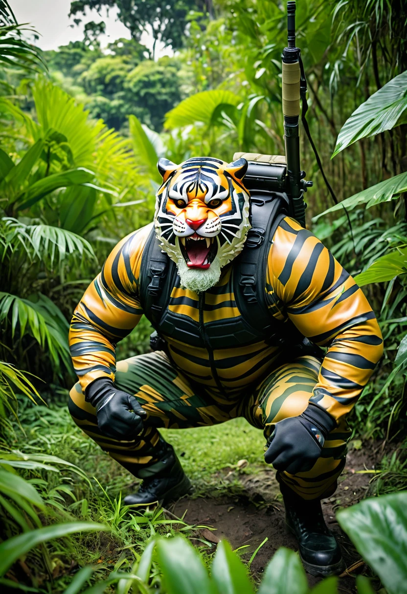 (a dark-skinned bearded fat muscular old man in a bulky army camouflage zipper diver suit), and (wearing realistic roaring tiger mask), wearing army boots, crouching in a jungle and shooting sniper rifle, muscular physique, imposing stature, toned muscles, Basuki Abdullah, sumatraism, stanley artgermm, action, heroic, fierce, snarling
