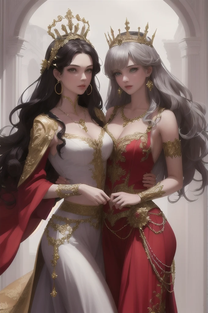 Sexy figure，a queen，Gorgeous costumes，Large breasts，golden laurel crown，Gorgeous earrings and necklaces，sceptre，red long skirt，Fair skin，Detailed pupils，Blue pupil，Incredibly ultra-detailed，stunningly realistic，Facial features of Nordic women，Look down on the audience with compassion，Long curly silver waves，Gorgeous English court，Dark light，grain sense，