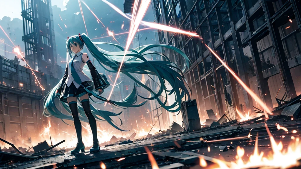Hatsune Miku Stands Up、With falling sparks on the background of a ruined city、Heavy metal style cover image。