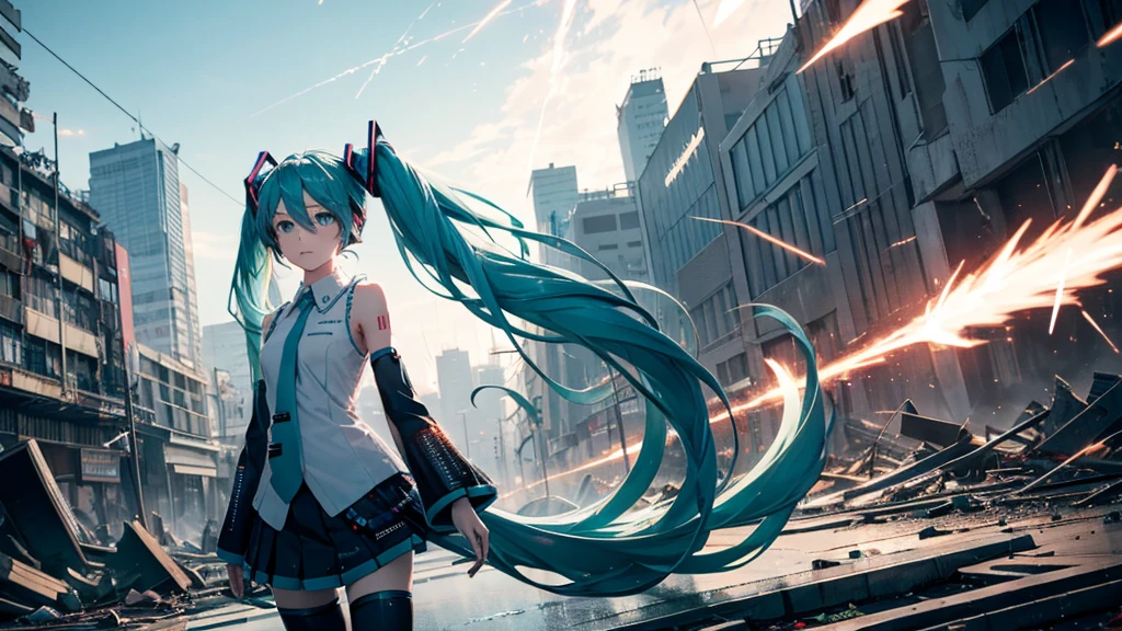Hatsune Miku Stands Up、With falling sparks on the background of a ruined city、Heavy metal style cover image。