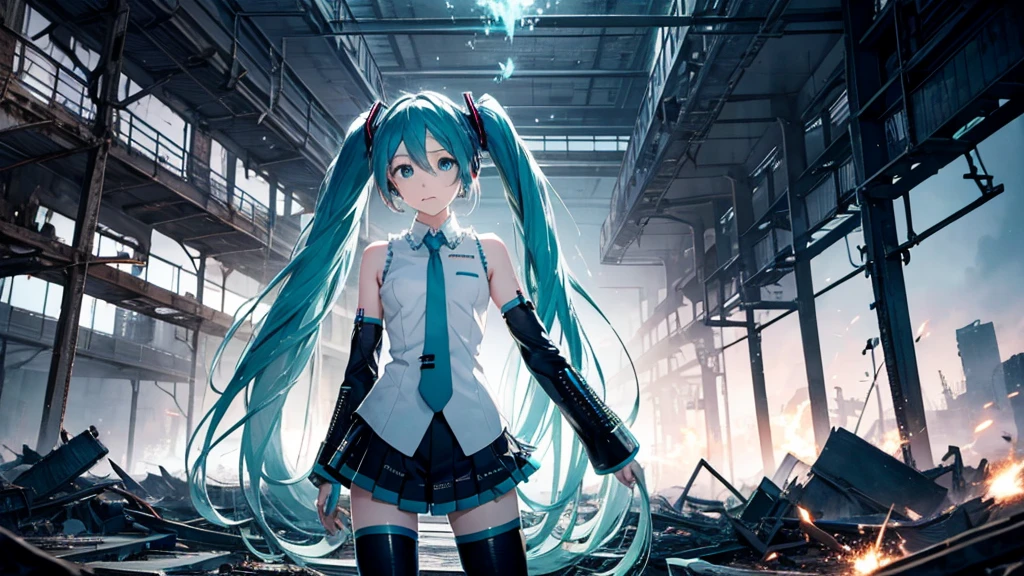 Hatsune Miku Stands Up、With falling sparks on the background of a ruined city、Heavy metal style cover image。