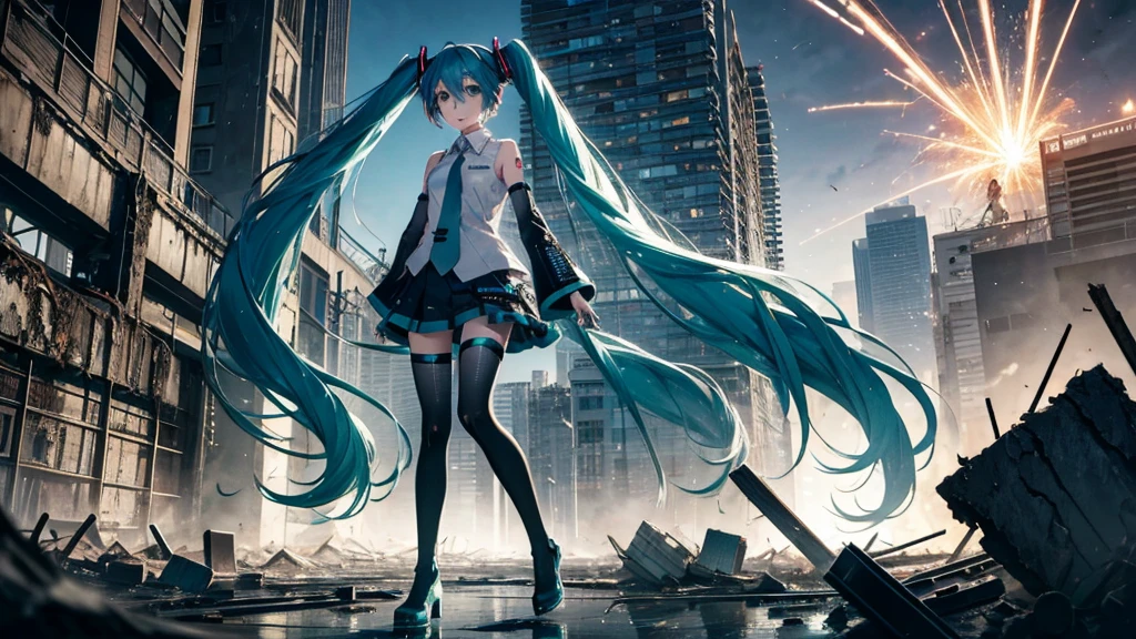 Hatsune Miku Stands Up、With falling sparks on the background of a ruined city、Heavy metal style cover image。