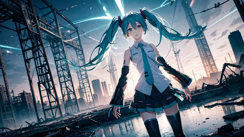 Hatsune Miku Stands Up、With falling sparks on the background of a ruined city、Heavy metal style cover image。