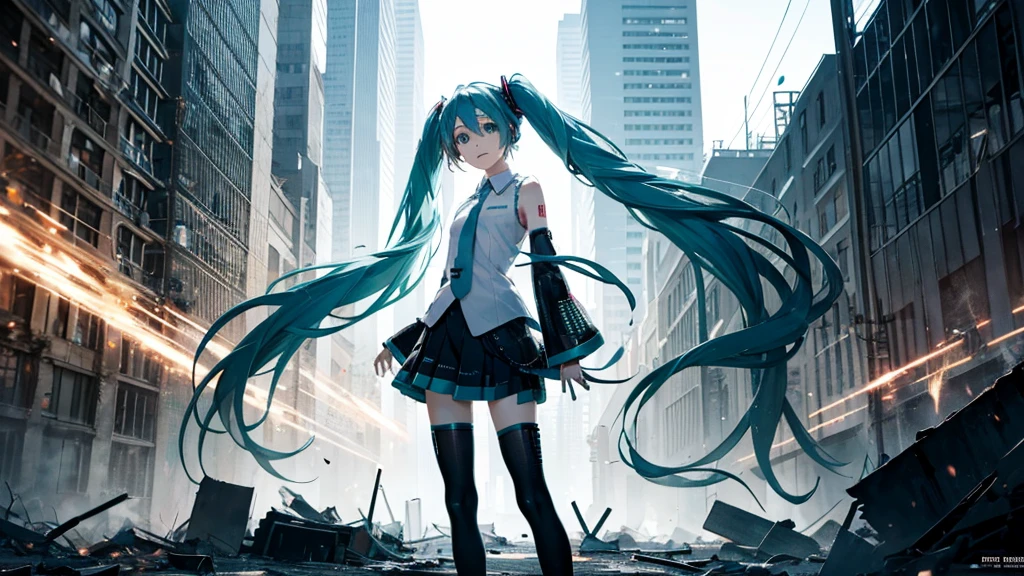 Hatsune Miku Stands Up、With falling sparks on the background of a ruined city、Heavy metal style cover image。